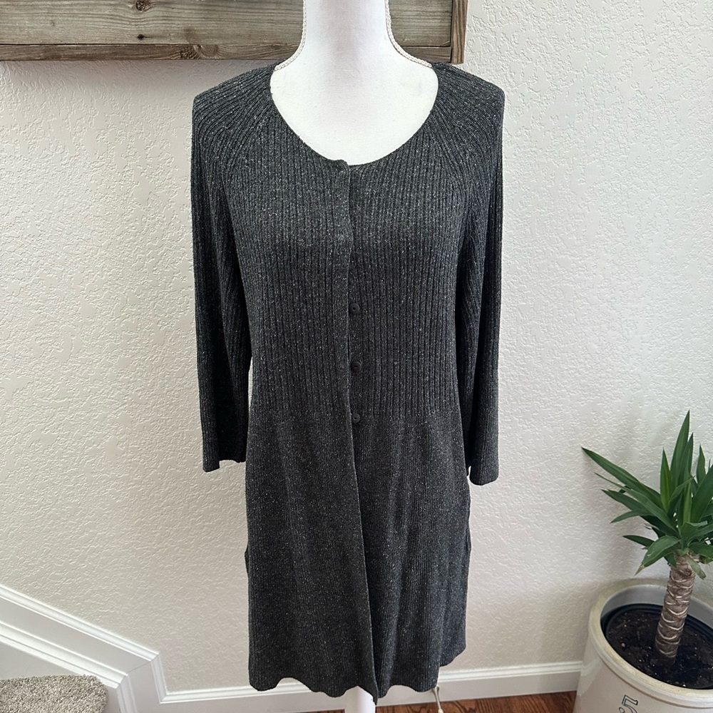 Eileen fisher gray 100% silk snap front cardigan sweater duster size Large